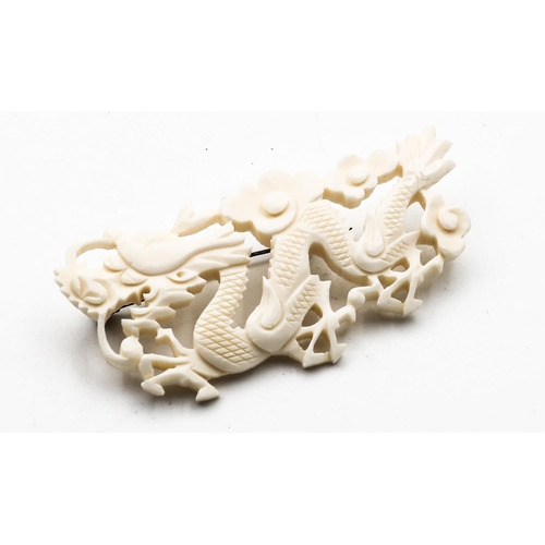 335 - Chinese Carved Bone and Silver Set Dragon Motif Brooch