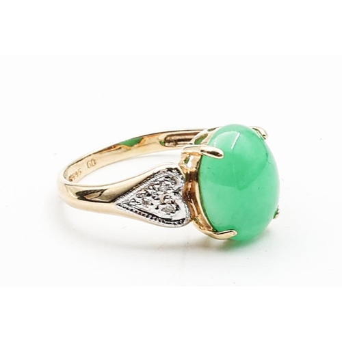 337 - 14 Carat Yellow Gold Jade Center Stone Ring Cabochon Cut with Diamond Decoration Ring Size O and a H... 