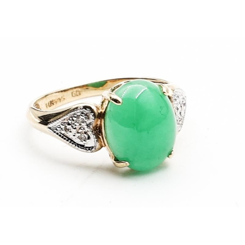 337 - 14 Carat Yellow Gold Jade Center Stone Ring Cabochon Cut with Diamond Decoration Ring Size O and a H... 