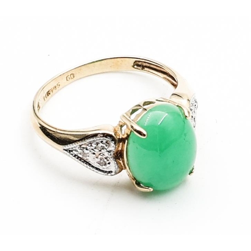 337 - 14 Carat Yellow Gold Jade Center Stone Ring Cabochon Cut with Diamond Decoration Ring Size O and a H... 