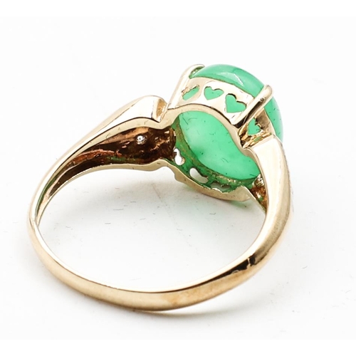 337 - 14 Carat Yellow Gold Jade Center Stone Ring Cabochon Cut with Diamond Decoration Ring Size O and a H... 