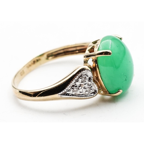 337 - 14 Carat Yellow Gold Jade Center Stone Ring Cabochon Cut with Diamond Decoration Ring Size O and a H... 