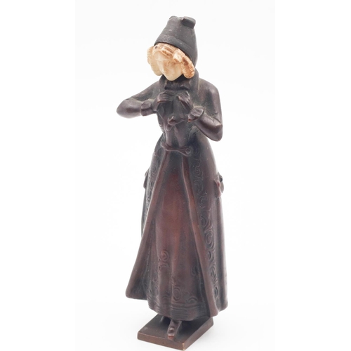 346 - Bronze Figure of Lady in Frock Coat with Hat Attractively Detailed Approximately 4 Inches High