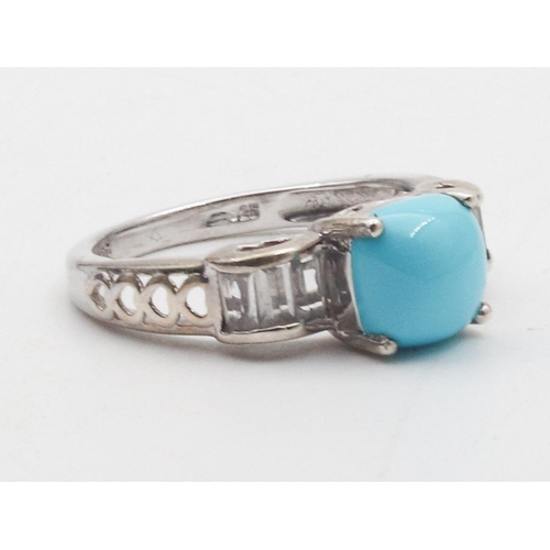 379 - Turquoise Centre Stone Ring Cabochon Cut Mounted on Silver Band Ring Size Q