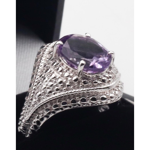 381 - Amethyst Set Ladies Centre Stone Ring Mounted on Silver Band Ring Size T and a Half