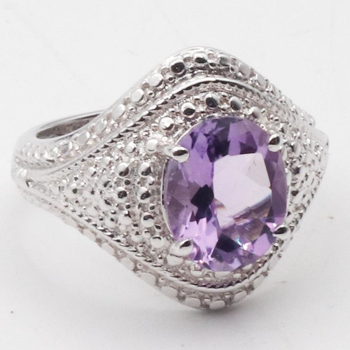 381 - Amethyst Set Ladies Centre Stone Ring Mounted on Silver Band Ring Size T and a Half