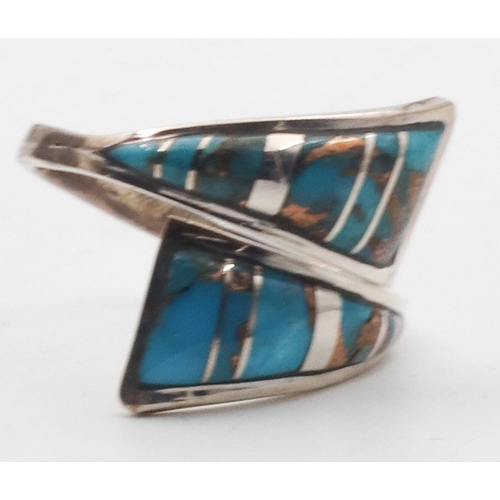 382 - Vintage Silver Mounted Enamel Decorated Crossover Ring Hallmarked 925 Philippines Ring Size U