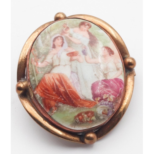 393 - Painted Porcelain Oval Form Brooch Gold Filled