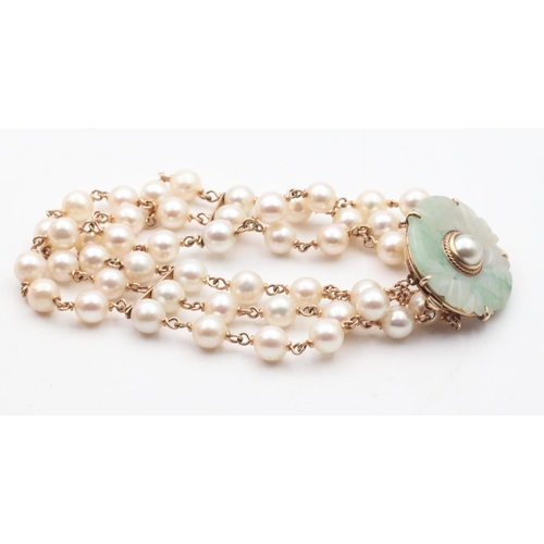 408 - 14 Carat Gold Jade and Pearl Set Ladies Bracelet Attractively Detailed