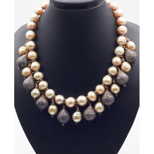 425 - Ladies Golden Pearl Diamond and 18 Carat Gold Inset Necklace of Attractive Form