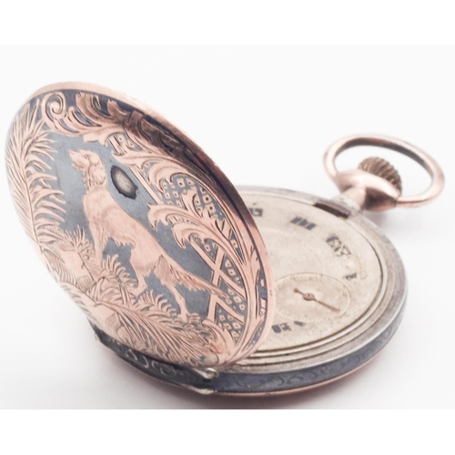 427 - Silver Inlaid Full Hunter Pocket Watch with Hinged Cover Setter Motif Decorated