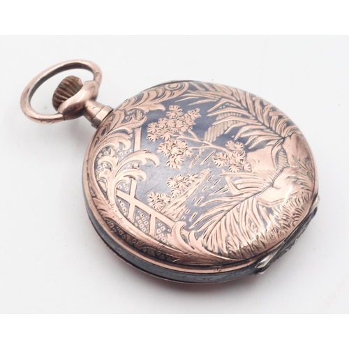 427 - Silver Inlaid Full Hunter Pocket Watch with Hinged Cover Setter Motif Decorated