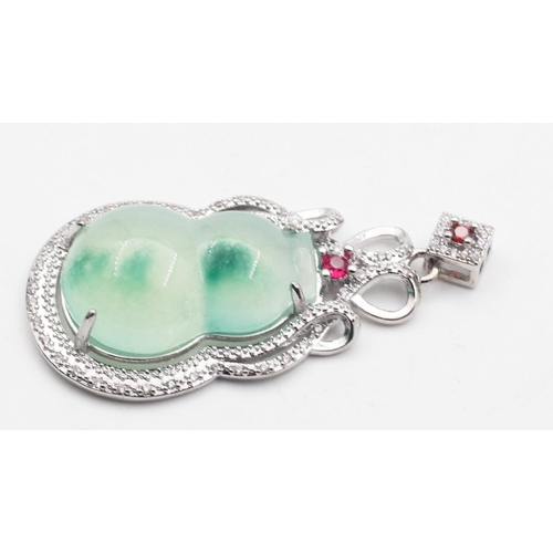 434 - Silver Mounted Jade Ladies Pendant with Inset Garnets Shaped Form