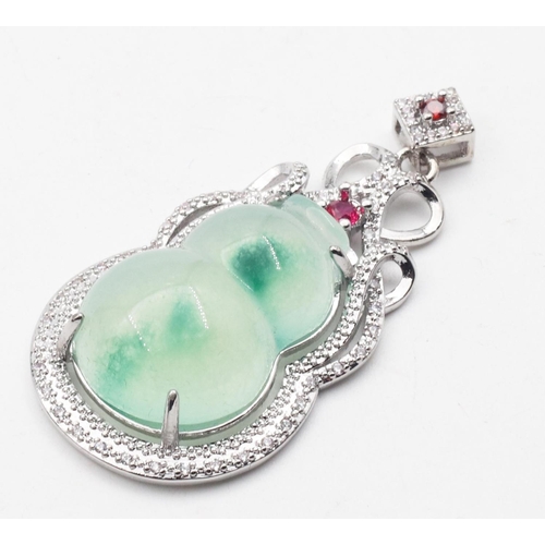 434 - Silver Mounted Jade Ladies Pendant with Inset Garnets Shaped Form