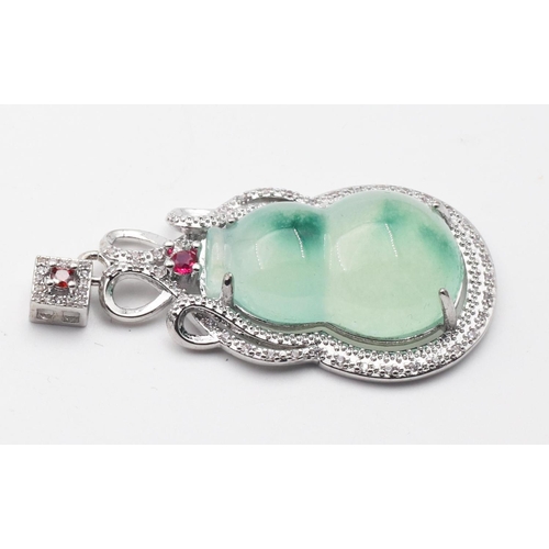 434 - Silver Mounted Jade Ladies Pendant with Inset Garnets Shaped Form