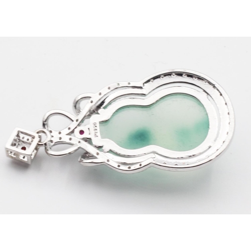 434 - Silver Mounted Jade Ladies Pendant with Inset Garnets Shaped Form