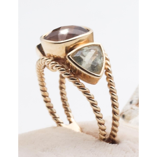 444 - 14 Carat Yellow Gold Citrine and Aquamarine Three Stone Ladies Ring