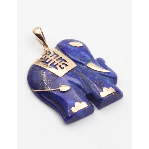 446 - Lapis Lazuli Elephant Motif Pendant Necklace 9 Carat Gold Mounted 2.2cm Wide 2.5cm High