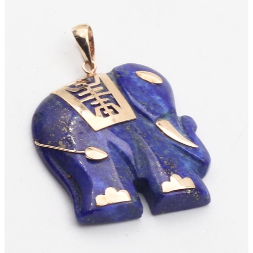 446 - Lapis Lazuli Elephant Motif Pendant Necklace 9 Carat Gold Mounted 2.2cm Wide 2.5cm High