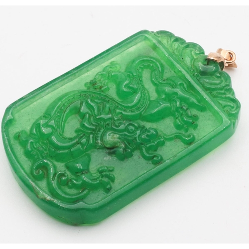 450 - Carved Jade Necklace Pendant with 14 Carat Yellow Gold Bale Approximately 5cm High