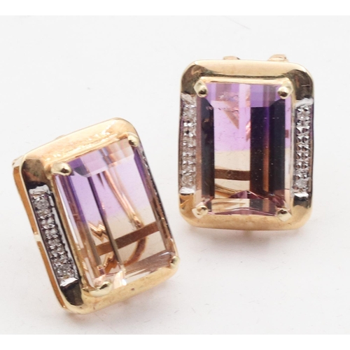 451 - Pair of Emerald Cut Amethyst and Diamond Inset 14 Carat Gold Ladies Clip On Earrings