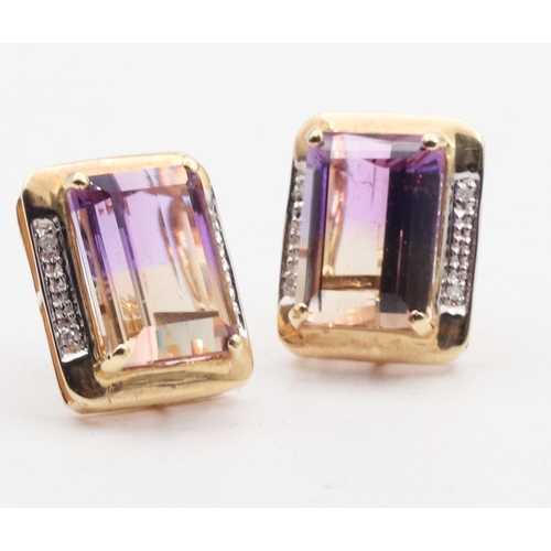 451 - Pair of Emerald Cut Amethyst and Diamond Inset 14 Carat Gold Ladies Clip On Earrings