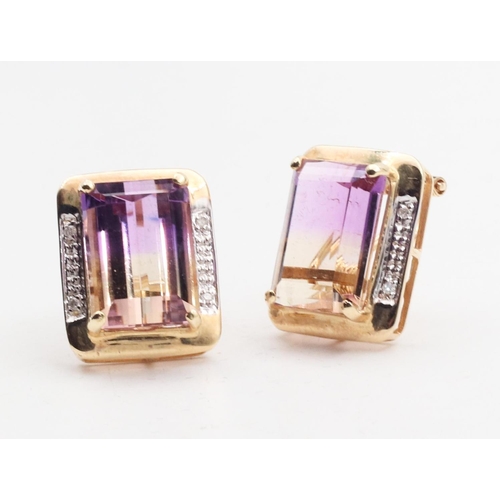 451 - Pair of Emerald Cut Amethyst and Diamond Inset 14 Carat Gold Ladies Clip On Earrings