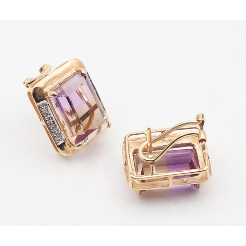 451 - Pair of Emerald Cut Amethyst and Diamond Inset 14 Carat Gold Ladies Clip On Earrings