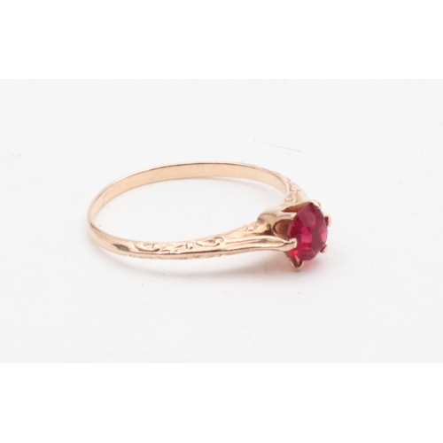 454 - 10 Carat Yellow Gold Ruby Single Stone Ladies Ring Size N and a Half