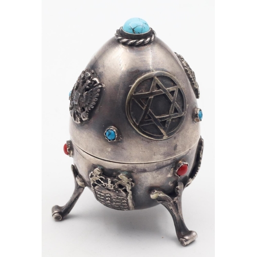 458 - Unusual Russian Silver Egg Motif Box with Removable Cover Gemstone Set Approximately 6cm High