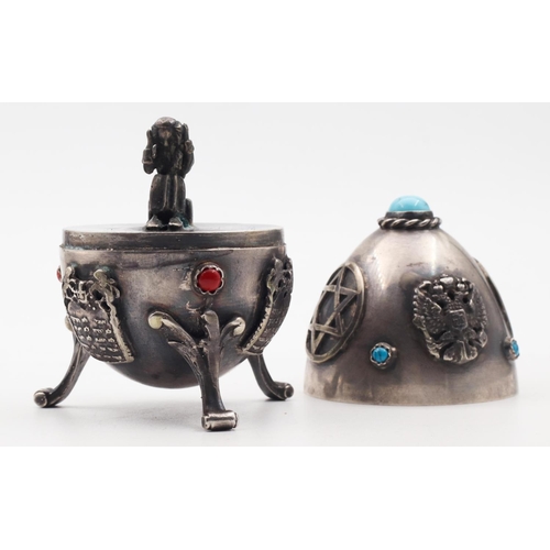 458 - Unusual Russian Silver Egg Motif Box with Removable Cover Gemstone Set Approximately 6cm High