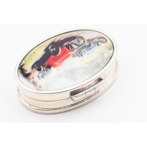 470 - Motoring Interest Oval Form Pill Box Hinged Cover