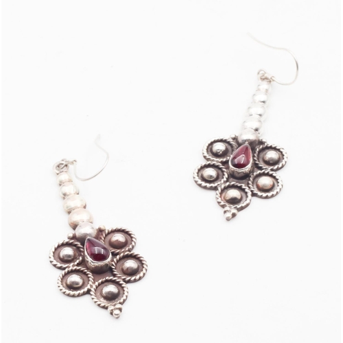 485 - Pair of Garnet Inset Ladies Silver Drop Earrings