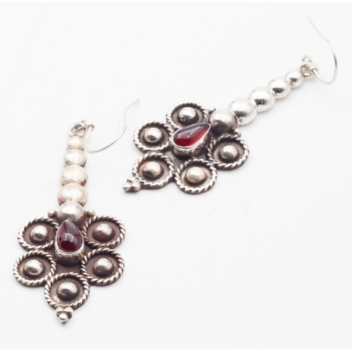 485 - Pair of Garnet Inset Ladies Silver Drop Earrings