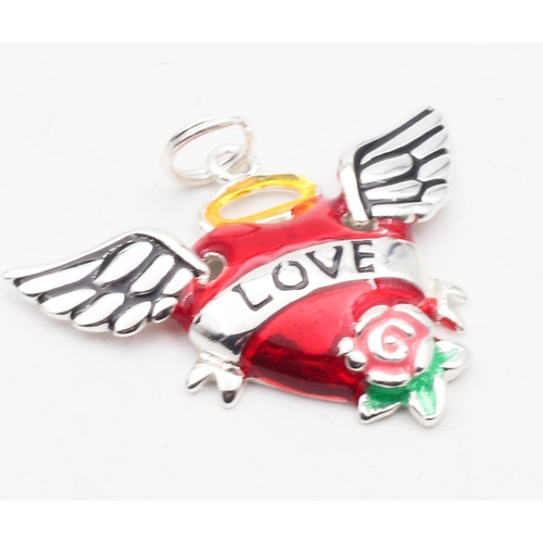 487 - Silver Winged Love Motif Enamel Decorated Necklace Pendant