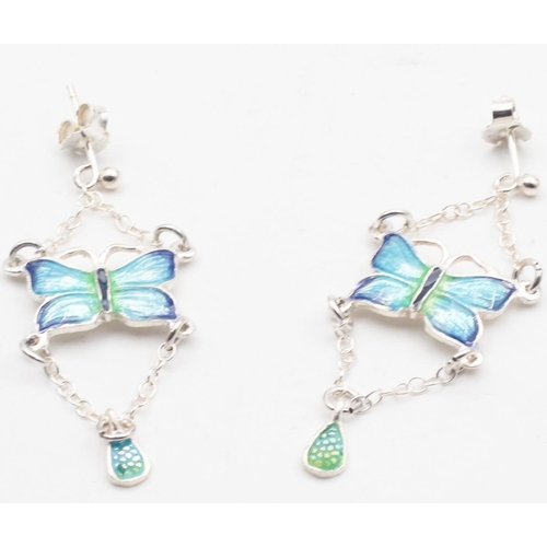 493 - Pair of Butterfly Motif Decorated Earrings Silver with Enamel