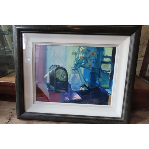 507 - Brian Ballard Still Life with Clock Oil on Canvas Approximately 20 Inches High x 30 Inches Wide Sign... 