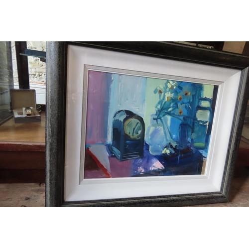 507 - Brian Ballard Still Life with Clock Oil on Canvas Approximately 20 Inches High x 30 Inches Wide Sign... 