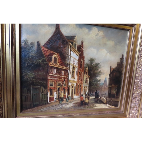 508 - Continental School Town Scene with Bridge Beyond Possibly Amsterdam Oil on Canvas Approximately 18 I... 