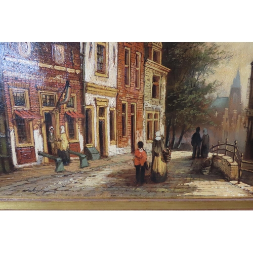 508 - Continental School Town Scene with Bridge Beyond Possibly Amsterdam Oil on Canvas Approximately 18 I... 