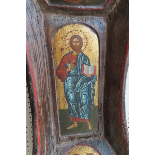 515 - Large Religious Icon Gilt and Polychrome on Wooden Base Shaped Form Approximately 22 Inches High