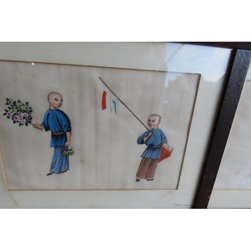 519 - Chinese School Various Characters Painted on Rice Paper Three Framed as One Approximately 34 Inches ... 