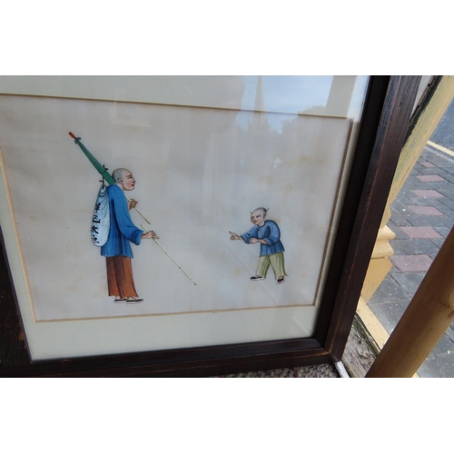 519 - Chinese School Various Characters Painted on Rice Paper Three Framed as One Approximately 34 Inches ... 