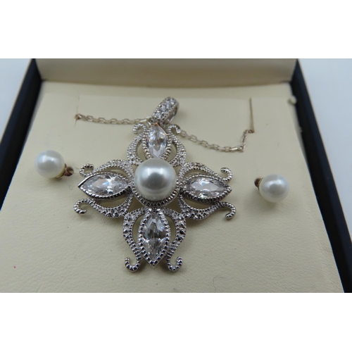 532 - Ladies Silver Mounted Pendant Necklace with Matching Pearl Stud Earrings Silver Mounted Contained wi... 