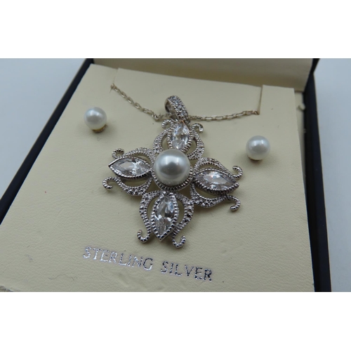 532 - Ladies Silver Mounted Pendant Necklace with Matching Pearl Stud Earrings Silver Mounted Contained wi... 