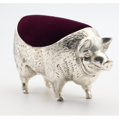 544 - Silver Pig Motif Pin Cushion with Burgundy Velvet Rest Hallmarked Silver 800