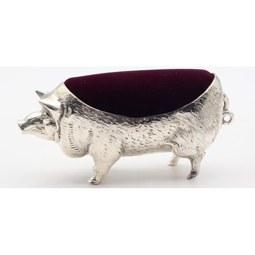 544 - Silver Pig Motif Pin Cushion with Burgundy Velvet Rest Hallmarked Silver 800