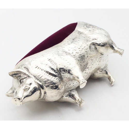 544 - Silver Pig Motif Pin Cushion with Burgundy Velvet Rest Hallmarked Silver 800