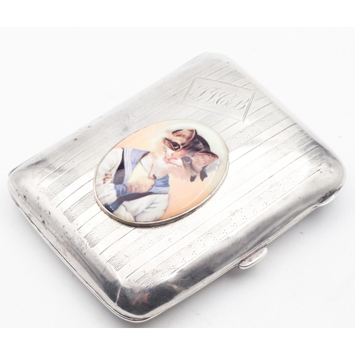 559 - Old Silver Novelty Cigarette Case Hinged Cover with Cat Portrait in Sailor Suit