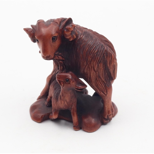 560 - Carved Netsuke Figure of Goat with Kid